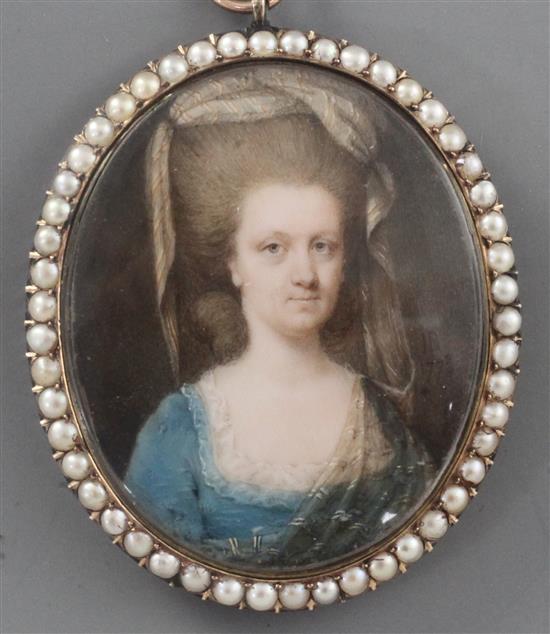 18th century English School Miniature of a lady with elaborate hair and bonnet 1.75 x 1.5in., in pearl set gold frame